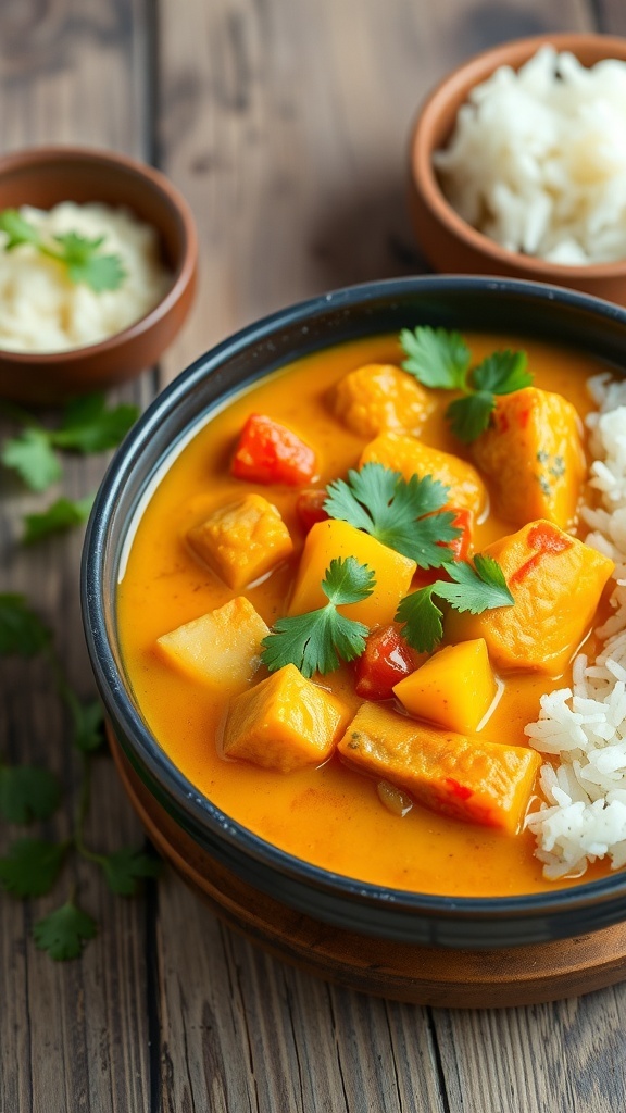 A bowl of quick curry with coconut milk, vegetables, and protein, garnished with cilantro, served with rice on a wooden table.